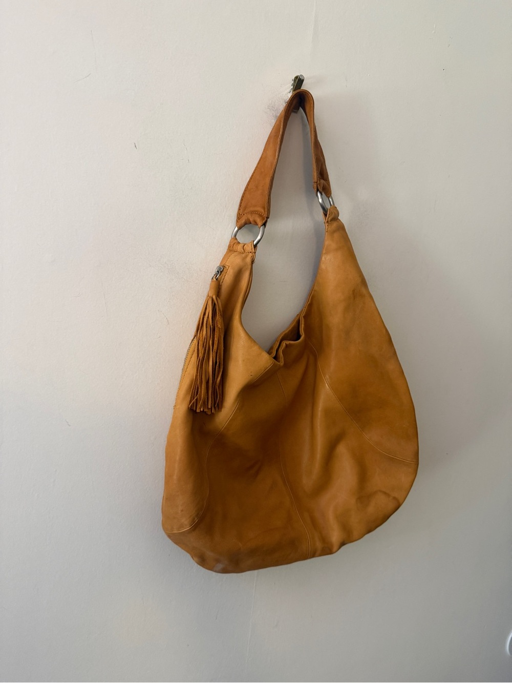 HOBO Leather Hobo Bag in Tan Brown with Tassel